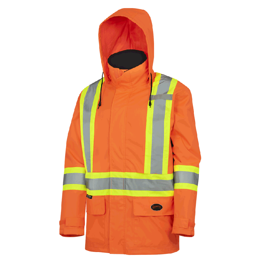 Hi-Viz Waterproof Sfty Jacket W Det. Hood - 150D PU CTD Poly
