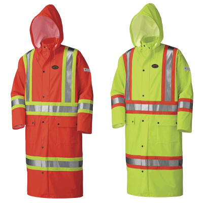 FR Waterproof Hi-Viz Sfty Long Coat - Pu Stretch - Det. Hood